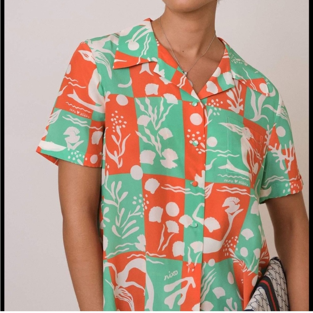 RIXO Orange and Green Patterned Blouse/Mermaid Shirt